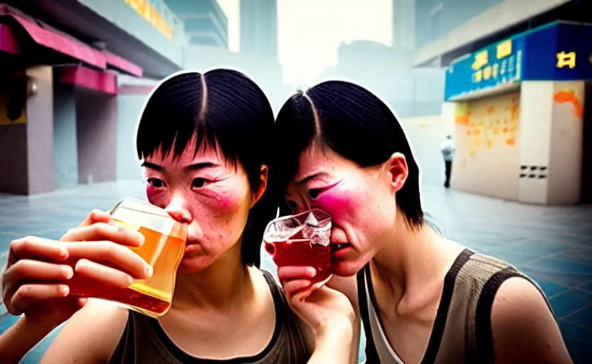 Image similar to cinestill 5 0 d candid photographic portrait by helen levitt of a two android women sharing a drink in futuristic china, extreme closeup, modern cyberpunk, minimalism, dust storm, 8 k, hd, high resolution, 3 5 mm, f / 3 2, ultra realistic faces, intricate detail, ex machina