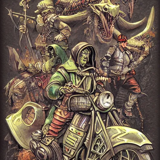 Prompt: dungeons and dragons, goblin outlaw gang on motorcycles, concept art, players handbook, very detailed, mechanic, schematic, illustration, stats