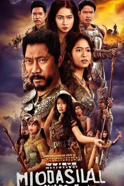 Prompt: movie poster, indonesian kingdom movie, colossal, middle - ages indonesia, ksatria and naga