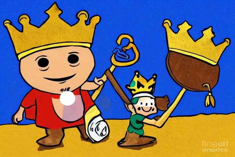 Image similar to cartoon pinto bean holding a staff, wearing kings crown, digital art,