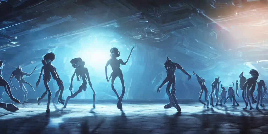 Prompt: aliens dancing after a victory over a planet inside their spaceship, cheerful colors, blue - white, unreal 5, hyperrealistic, realistic, photorealistic, dynamic lighting, highly detailed, cinematic landscape, studio landscape, studio lighting, 1 0 0 mm