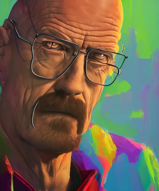 Prompt: a portrait of walter white in a colorful environment in a painting from stalenhag, 4 k, 8 k, hdr, artstation