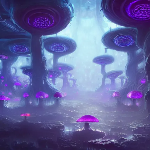 Prompt: concept art detailed painting of a dark purple fantasy fairytale fungal city made of mushrooms, with glowing blue lights, in the style of jordan grimmer and neil blevins and wayne barlowe