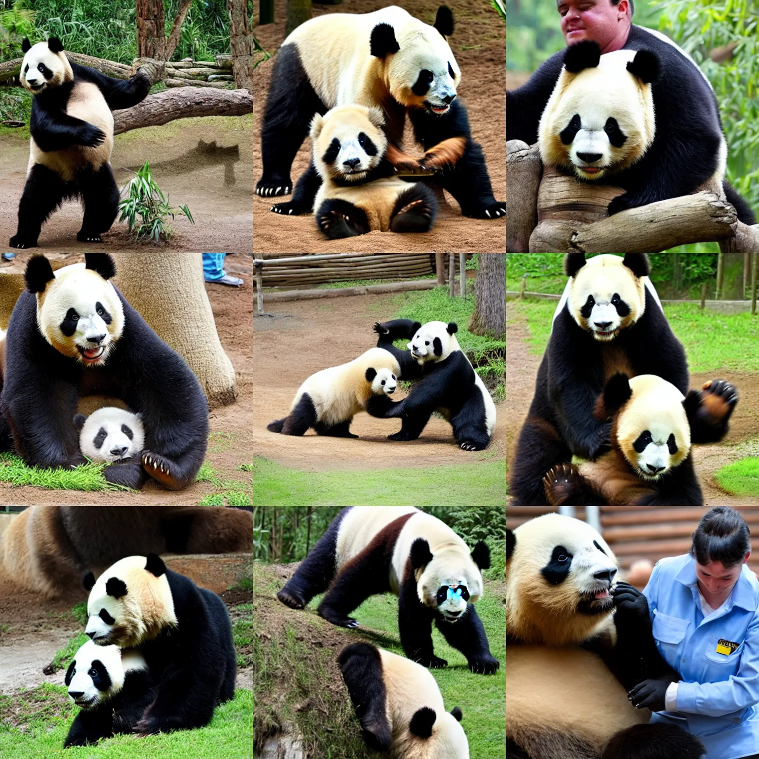 Prompt: photo of a zookeeper struggling to lift a giant panda