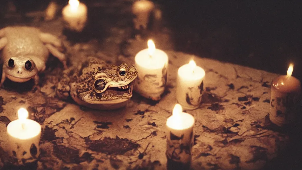 Prompt: a toad with sharp teeth grinning maniacally, a satanic ritual with candles and a pentagram, movie screenshot directed by Tim Burton. Shot from a high angle. Cinematic. Whimsical. 24mm lens, 35mm film, Fujifilm Reala, f8