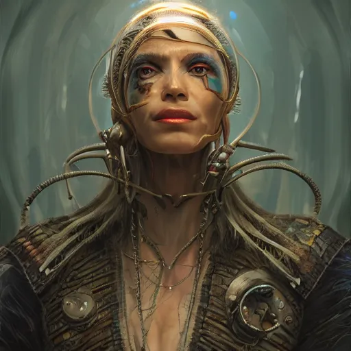 Image similar to detailed portrait of a futuristic sci - fi shaman in an impressive scene. extremely detailed. beautiful lighting. trending on artstation.