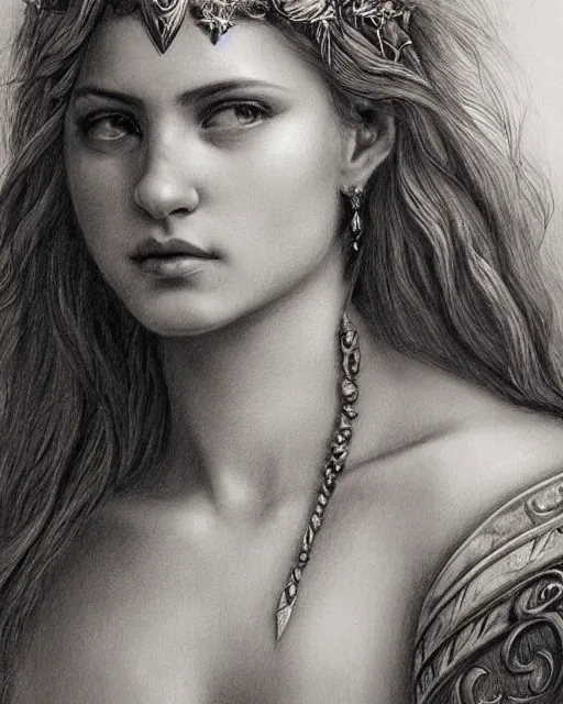 Image similar to pencil drawing of a beautiful greek goddess aphrodite wearing a laurel wreath and arrowhead earrings, beautiful confident eyes, beautiful flowing hair, hyper realistic face, in the style of greg rutkowski, fantasy, amazing detail, epic, elegant, smooth, sharp focus, from the front, long shot