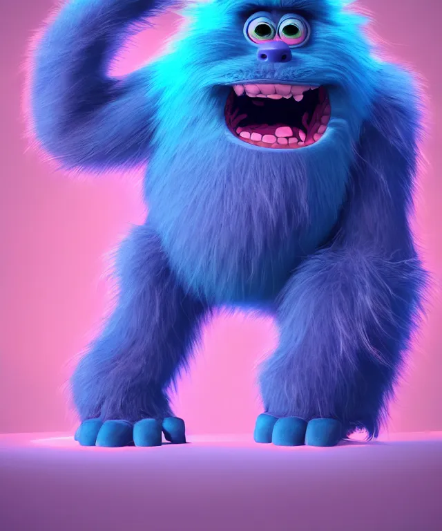 Image similar to a big furry monster made of bioluminescence in the art style of monsters inc, fantasy, elegant, crisp 8 k line art, digital painting, artstation, unreal engine, octane render, emissive lighting, concept art, matte, sharp focus, hyper realistic lighting, illustration, deep royal blue and pink color scheme, art by dave kendall