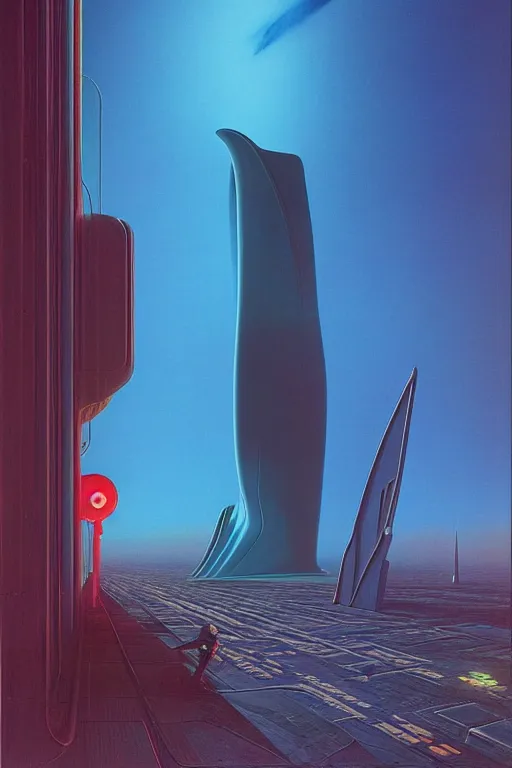 Image similar to emissary space by arthur haas and bruce pennington and john schoenherr, cinematic matte painting, zaha hadid building, photo realism, neon colors, blue hour, james terrell art,