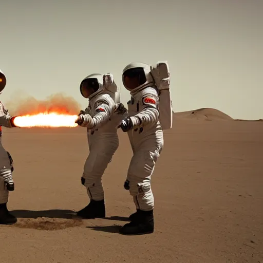 Prompt: two astronauts standing in the middle of a desert shaking hands, one of the astronauts are on fire