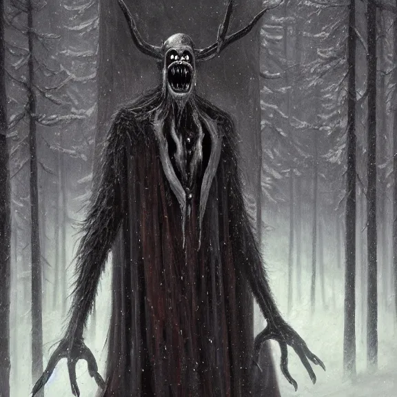 Image similar to cloaked humanoid wendigo feasting, nighttime located in a snowy dark forest, lurking horror, distant shot, dungeons and dragons, magic the gathering, forboding, high detail, oil painting, style of seb mckinnon