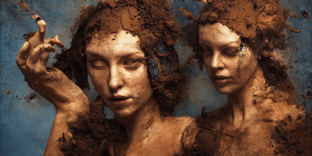 Image similar to highly detailed photography of a woman made of rust clay and embers, rocks, fire, hand gesture, sharp focus, dust particles, dirt, dramatic scene, aesthetic, dynamic lighting, elegant, harmony, masterpiece, by roberto ferri, blue background, high quality, spatula