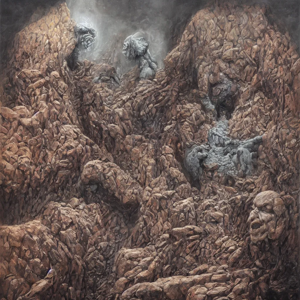 Image similar to oil painting of donald trump shackled to a giant stone letter q, painted by dan seagrave, wayne barlowe and zdzisław beksinski, front and center, intricate detail