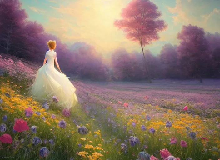 Image similar to a lone princess walks through a vast flower field in the cosmic sky by guweiz and peder mørk mønsted and delphin enjolras and vladimir volegov