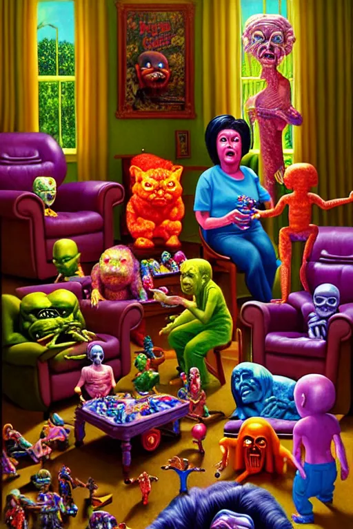 Image similar to a hyperrealistic painting of a room full of evil possessed toys watching a grandma in a rocking chair, cinematic horror by chris cunningham, lisa frank, richard corben, highly detailed, vivid color,