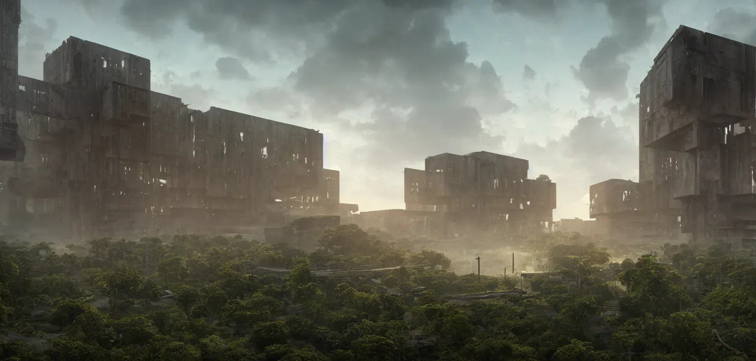 Prompt: brutalist architecture, surrounded by lush green vegetation, stunning volumetric lighting, sunset, rusted metal, concrete, stunning skies, 8k, photorealistic, hyper detailed, unreal engine 5, IMAX quality, cinematic, epic lighting, digital painting in the style of DOOM, by Greg Rutkowski, trending on Artstation