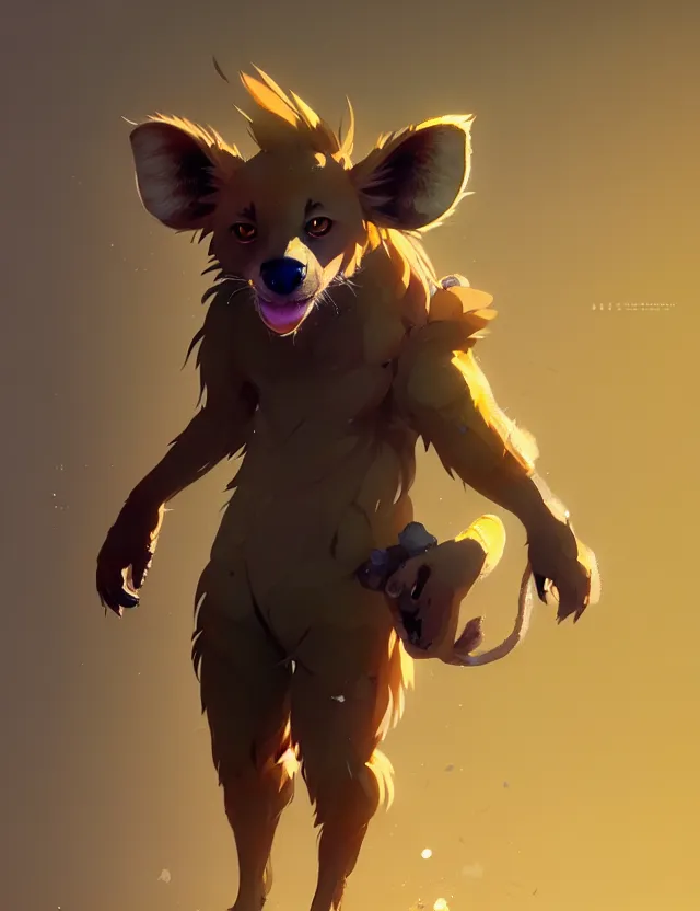 Image similar to a beautiful fullbody portrait of a cute anime male brown hyena. character design by cory loftis, fenghua zhong, ryohei hase, ismail inceoglu and ruan jia. artstation, volumetric light, detailed, photorealistic, fantasy, rendered in octane