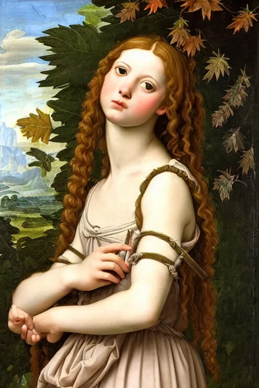 Image similar to renaissance painting of young girl in the garden, closeup, curly long hair, face closeup, emotions closeup, dressed in roman armour, the beautiful garden with maple leaves everywhere, ultra detailed, art by guido reni style, vincenzo catena style