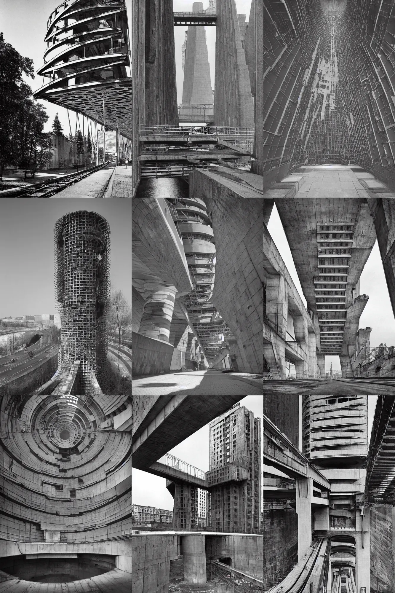 Prompt: Soviet underground tower surrounded by bridges, brutalism, highly detailed