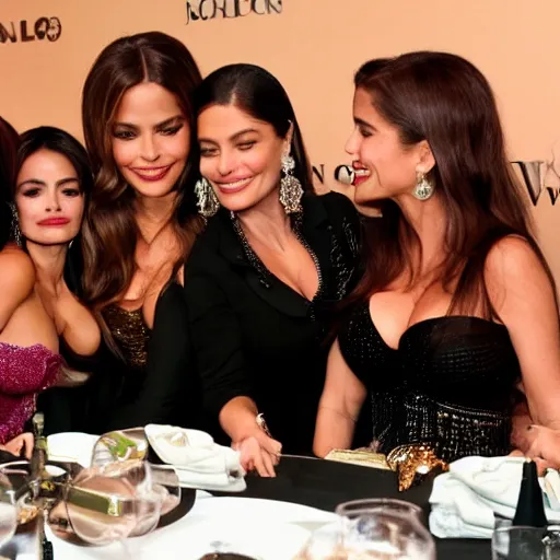 Prompt: candid group photo of sofia vergara and salma hayek and penelope cruz and catherine zeta jones and eva mendes, sitting at a table at an event, laughing