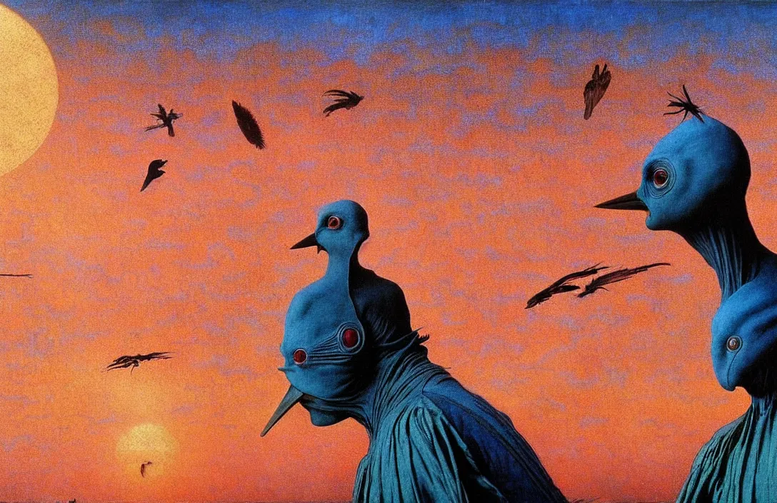 Image similar to realistic detailed portrait movie shot of a birdman wearing dark ragged robes, sci fi city sunset landscape background by denis villeneuve, amano, yves tanguy, alphonse mucha, ernst haeckel, max ernst, roger dean, masterpiece, rich moody colours, bird head, blue eyes