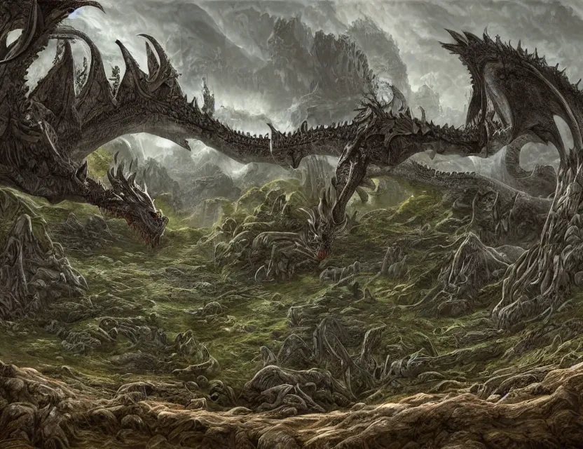 Image similar to fantasy landscape. very wide valley with a giant dragon skeleton at the bottom ( central ), woodland growing around the skeleton. digital art.