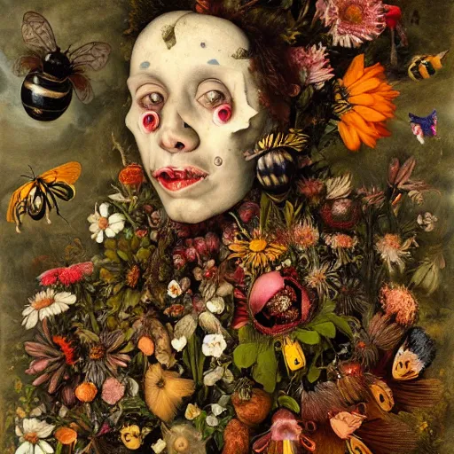 Prompt: A beautiful detailed existential horror portrait painting 'The Godes of nature' by Giuseppe Arcimboldo, flowers bees and birds everywhere, full body shot, Trending on cgsociety artstation, 8k, masterpiece, in the style of DiscoDiffusion.