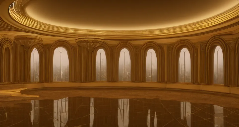 Prompt: an incredibly beautiful scene from a fantasy film featuring an art deco palace during a hurricane. recessed lights. large windows. lightning. 8 k uhd. trending on artstation.