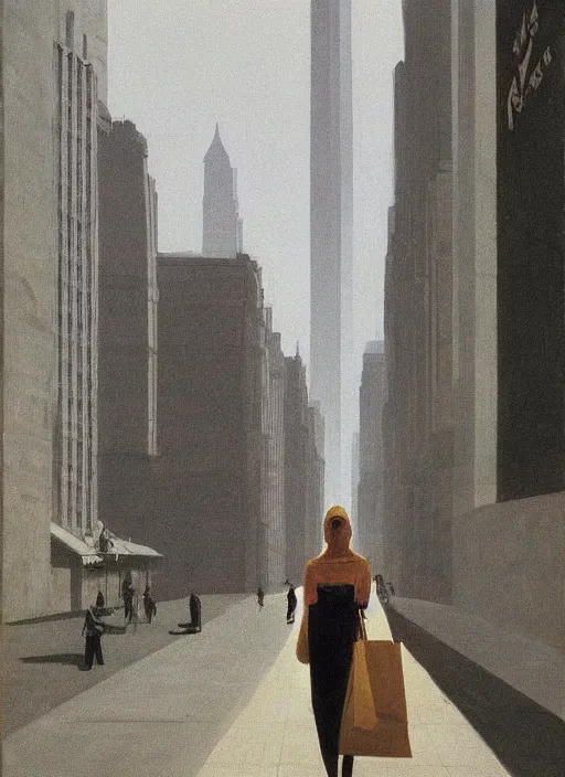 Image similar to woman dressed in paper bags, paper bags over the head on megapolis street, tall buildings, Edward Hopper and James Gilleard, Zdzislaw Beksinski, highly detailed