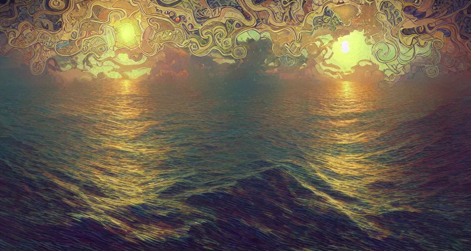 Prompt: terrifying psychedelic ⛈ ocean 🌊, paisley pattern, backlit, sunset, refracted lighting, outdoors, paisley pattern, elegant, 8 k resolution, intricate and fine details, digital painting, artstation, illustration, psychedelic ocean art, krenz cushart, alphonse mucha