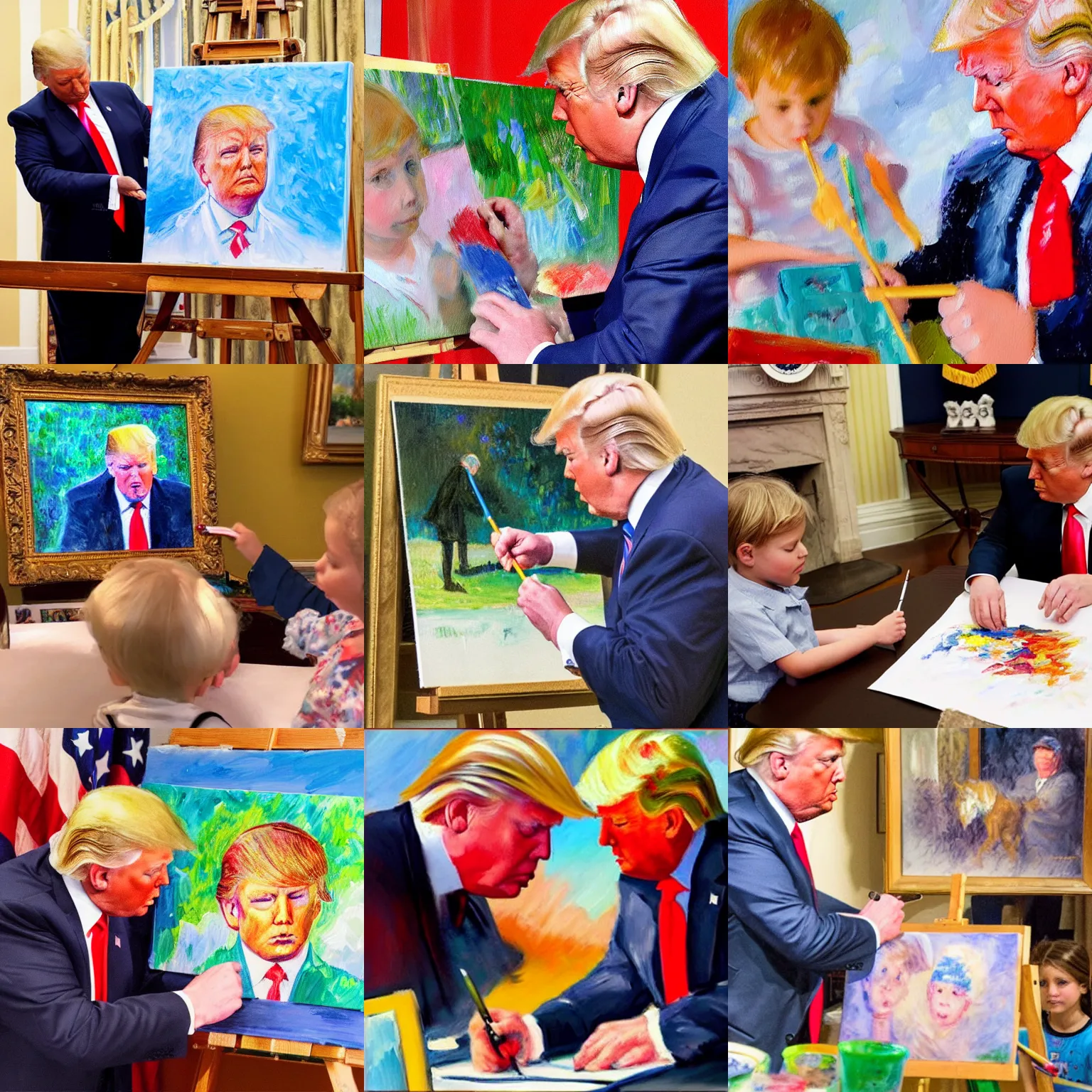 Prompt: An impressionist oil painting of Donald Trump painting a children painting