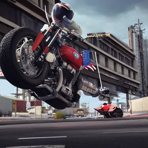 Image similar to evel knievel jumping over vehicles on harley davison 3 d studiomax, maya 3 d, unrealengine, 4 k, 8 k, hdr, extreme render, mind - bending reality, hyper detailed, wide angle ultra - vivid, photo - realistic nikon 3 5 mm, photograph