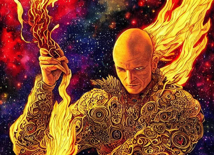 Image similar to high intricate colored ink drawing of the sandman holding a glimmering fire - galaxy, full shot, neil gaiman, maria panfilova, andrea savchenko, mike kime, ludovic plouffe, qi sheng luo, oliver cook, julian calle, eddie mendoza, trending on artstation