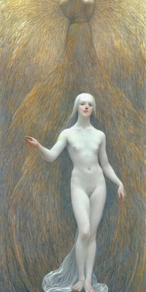 Image similar to Say who is this with silver hair so Wan and thin? Adorable feminine angel in the style of Jean Delville, Lucien Lévy-Dhurmer, Fernand Keller, Fernand Khnopff, oil on canvas, 1921, 4K resolution, aesthetic, mystery