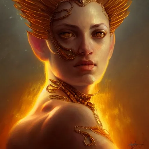 Image similar to portrait of fire goddess, yellow eyes, fantasy, intricate, elegant, highly detailed, digital painting, artstation, concept art, matte, sharp focus, illustration, art by aenaluck and roberto ferri and greg rutkowski, epic fantasy, digital painting