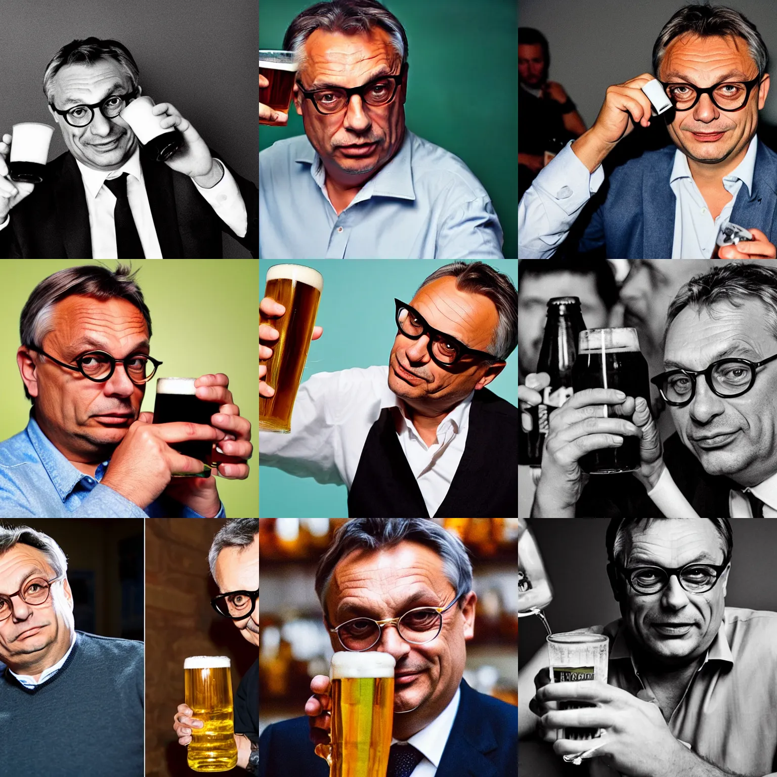 Prompt: photo of viktor orban wearing round glasses with beer by terry richardson