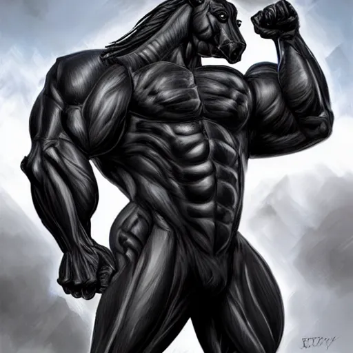 Image similar to a black exaggeratedly muscular anthropomorphized horse with a magnificently muscular physique wearing a skintight tactical armor protecting a facility, long white mane, equine, anthro art, furaffinity, highly detailed, realistic, full body, digital painting, artstation, sharp focus, concept art, illustration, art by artgerm, greg rutkowski, wlop