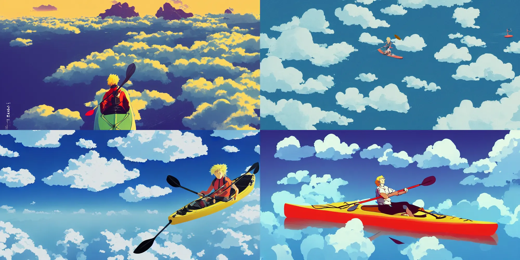 Prompt: blond kayaker paddling on his back above the clouds in the sky, by James Gilleard, studio ghibli, highly detailed trending at artstation, 4k, hdr, backlight