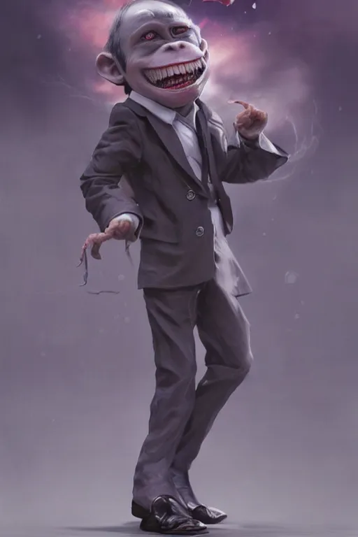 Prompt: cute adorable miniature Joker but he's an ape kid in a business suit, realistic and ultra intricate detailed soft painting, volumetric lighting, mist, Artstation, Tom Bagshaw Yasushi Nirasawa Moebius artstyle, unreal render, depth of field