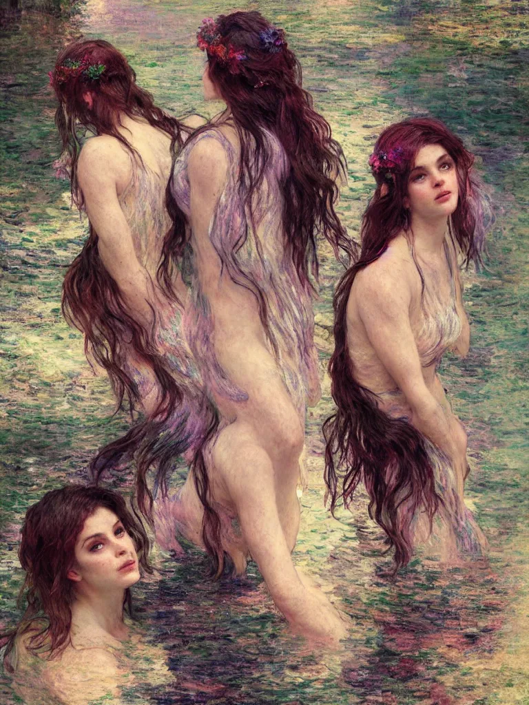 Image similar to illustration studio portrait of three dark beautiful mermaids female energy in artistic poses in the river at the forest, monet painterly motives and textures pattern, hyper detailed, octane render, vivid colors, artstation, by jeremy mann, by alphonse mucha, by monet