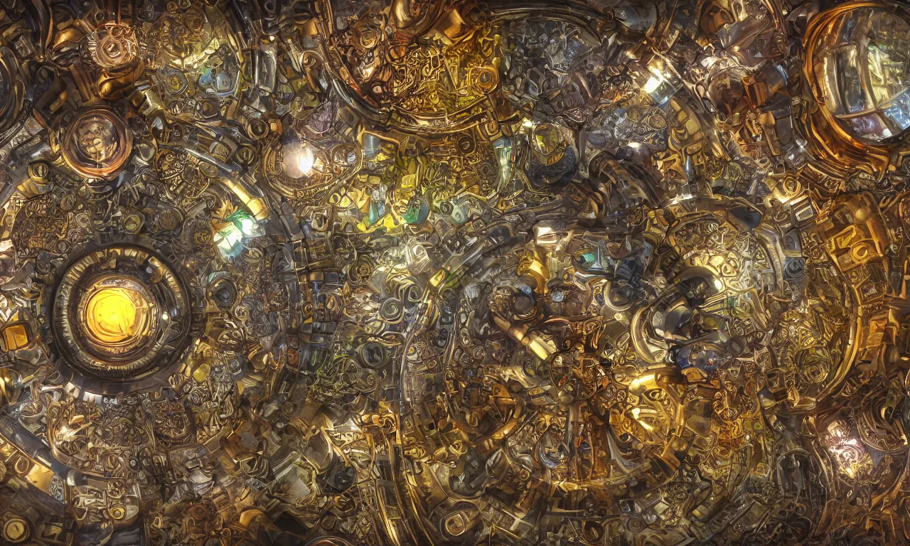 Prompt: steampunk engine laboratory 3 d volume kaleidoscope fractal voronoi metal chakra digital multicolor stylized concept substance natural color scheme, global illumination ray tracing hdr fanart arstation by sung choi and eric pfeiffer and gabriel garza and casper konefal