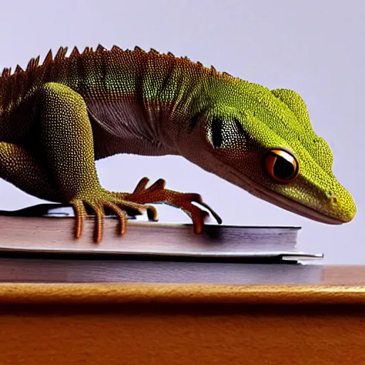 Image similar to the! gecko from geico commercials! on a table,! being crushed! by a stack of books