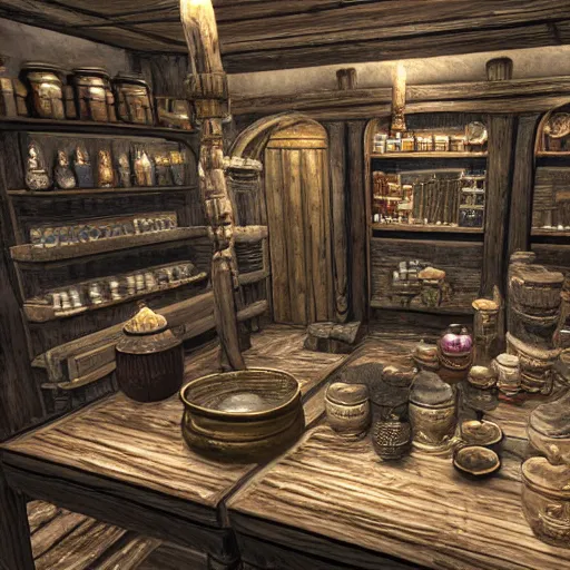 Prompt: Whiterun apothecary interior, potion shop interior, glowing potions, skyrim, set within Elder Scrolls 5 as fanart