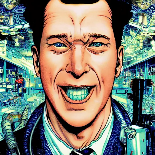 Image similar to portrait of crazy peter venkman, symmetrical, by yoichi hatakenaka, masamune shirow, josan gonzales and dan mumford, ayami kojima, takato yamamoto, barclay shaw, karol bak, yukito kishiro