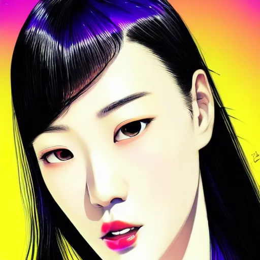 Prompt: half - electric jun ji hyun with cute - fine - face, pretty face, oil slick multicolored hair, perfect face, extremely fine details, volumetric lighting, dynamic background, poster by ilya kuvshinov katsuhiro otomo