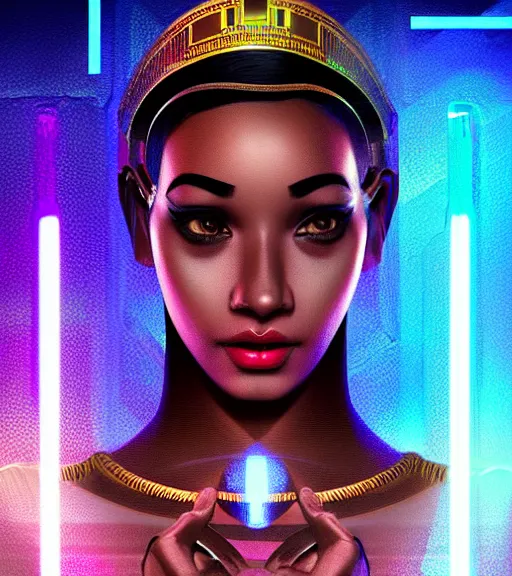 Image similar to symmetry!! egyptian princess of technology, solid cube of light, hard edges, product render retro - futuristic poster scifi, lasers and neon circuits, beautiful brown skin woman egyptian princess, intricate, elegant, highly detailed, digital painting, artstation, concept art, smooth, sharp focus, illustration, dreamlike, art by artgerm