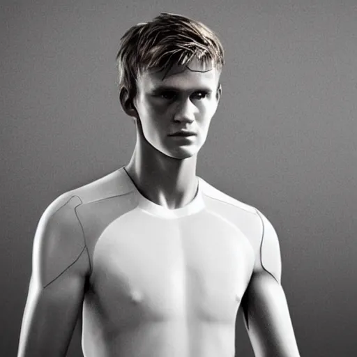 Image similar to a realistic detailed photo of a guy who is an attractive humanoid who is half robot and half humanoid, who is a male android, soccer player martin ødegaard, shiny skin, posing like a statue, blank stare, in a living room, on display, showing off his muscles