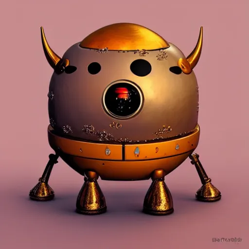 Image similar to a mechanical moomin with big head and horns, space style, metal, 3D art, in style of Baymax, smooth, 8k