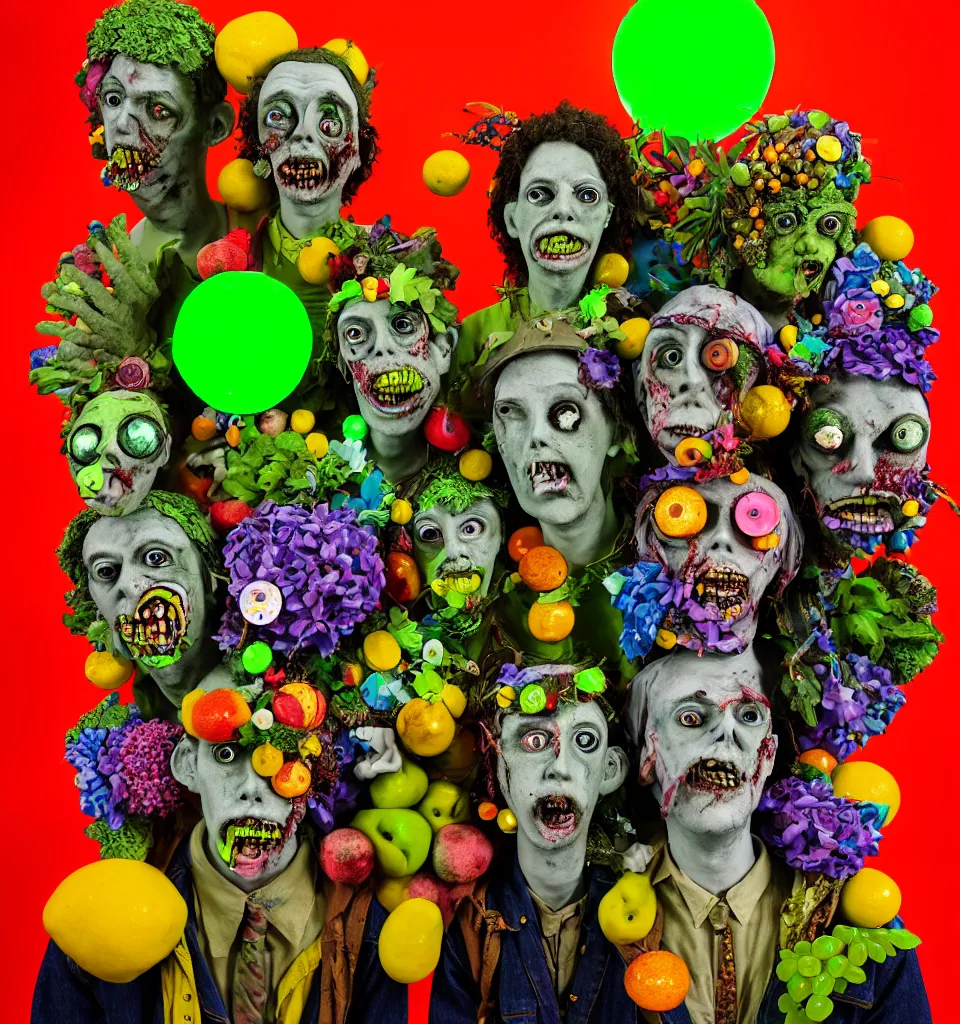 Prompt: portrait of a zombie punks as the three fates, jeans jackets, head made of fruit gems and flowers in the style of arcimboldo, basil wolverton, kenny scharf, action figure, clay sculpture, claymation, green and neon lighting, rainbow stripe background