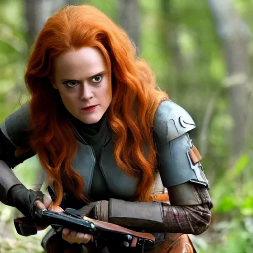 Image similar to close - up movie still of cute redhead alicia silverstone as bounty hunter mara jade on the forested mountain planet wayland in star wars episode vii : heir to the empire